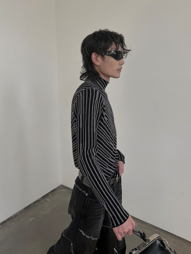 アシンメトリーストライプハイネックニット bt2021