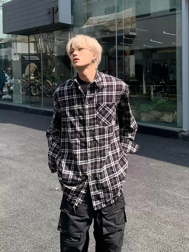 チェックペイントコリアンシャツ bt2089