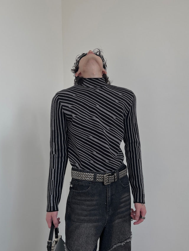 アシンメトリーストライプハイネックニット bt2021