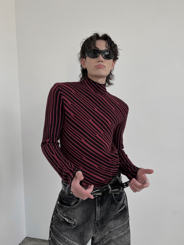 アシンメトリーストライプハイネックニット bt2021