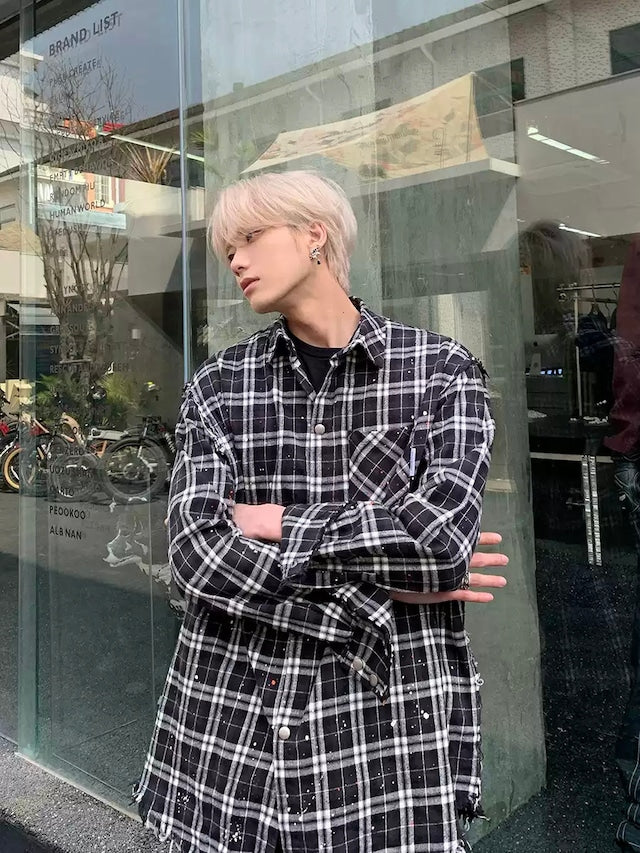 チェックペイントコリアンシャツ bt2089