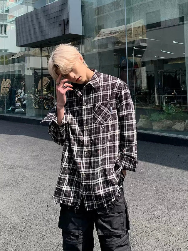 チェックペイントコリアンシャツ bt2089