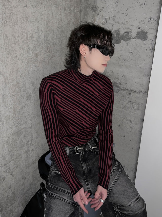 アシンメトリーストライプハイネックニット bt2021